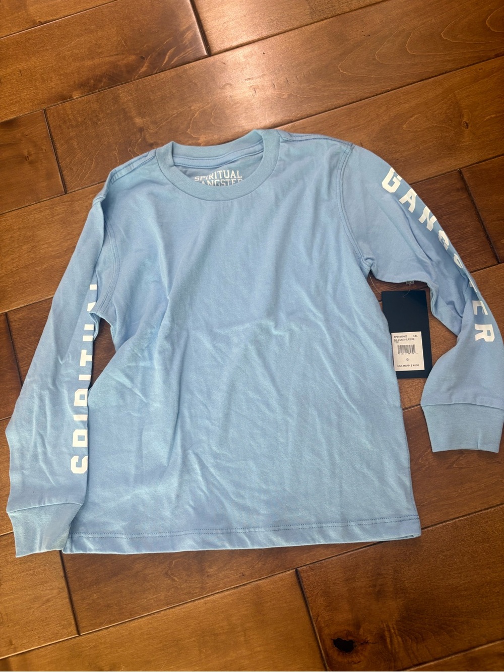Spiritual Gangster Kids Long Sleeve Tee in Sky Blue with White Sleeve Text